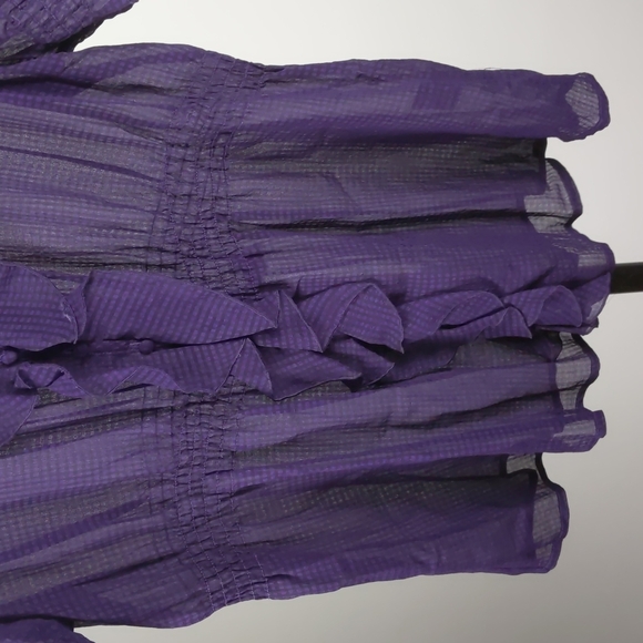 Basque Blouse Size 14 Purple Sheer Ruffle Short Sleeve Button-up Check Elastic - Picture 7 of 13